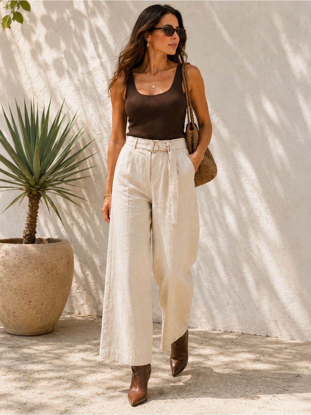 Michael Kors Cream High-Waist Wide Leg Linen-Blend Pants